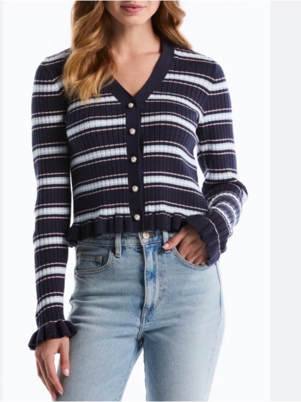 NWT Laundry Ruffle Hem Knit Cardigan M Blue White Stripe Coastal Vibes $89